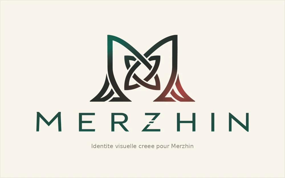 Logo créé pour Merzhin, avec un monogramme M en forme d'entrelacs