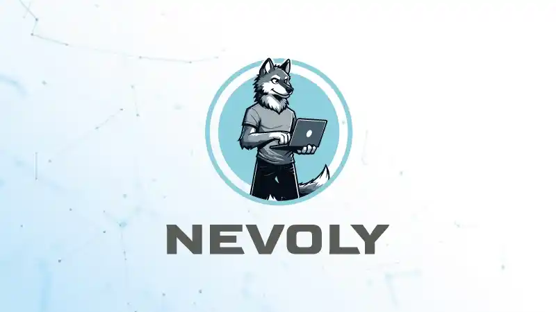 Création de logo et mascotte pour Nevoly, personal branding IT : loup anthropomorphe avec ordinateur portable, cercle bleu clair