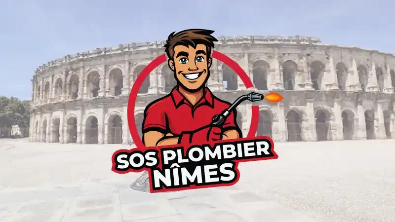 Création de mascotte pour SOS Plombier Nîmes, artisan plombier : personnage souriant avec chalumeau devant les arènes de Nîmes